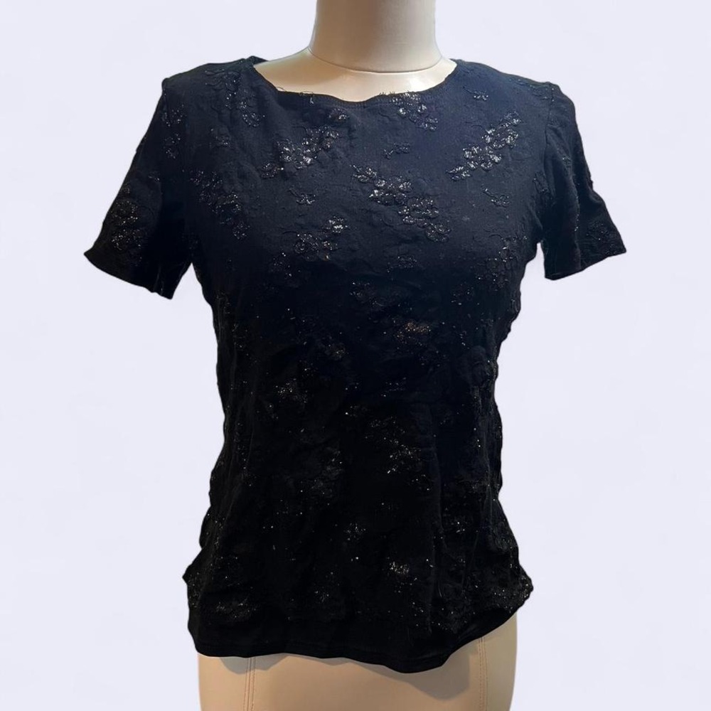 Black Floral Lace Top Sparkle Accents Short Sleeve Elegant‎ Blouse